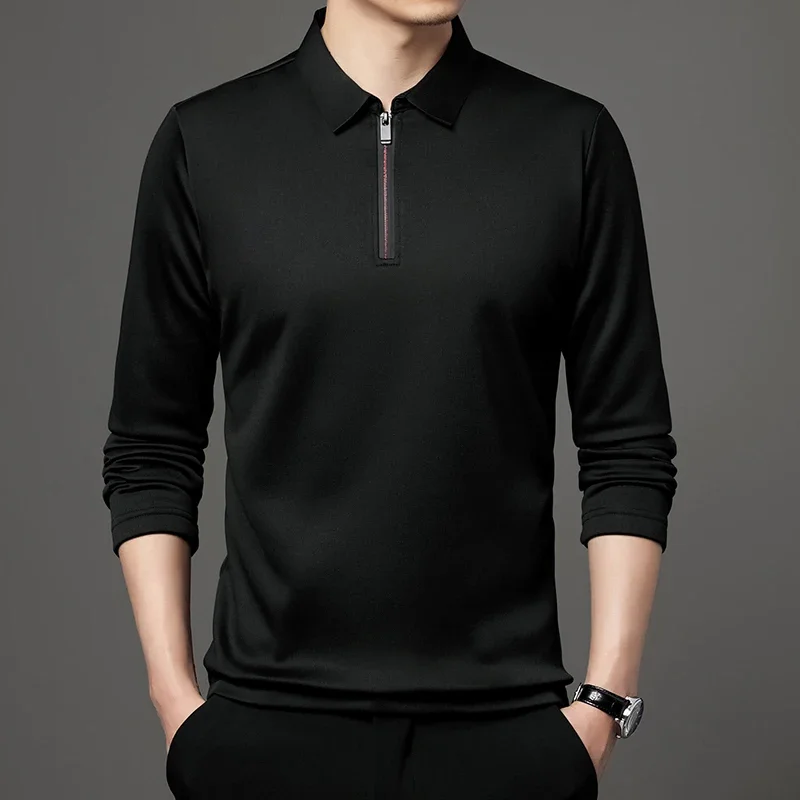 Solid Color Long Sleeve Polo Shirt Fashion Zipper Men\'s Polo Neck Top Cotton Polo Collar Long Sleeve T-shirt