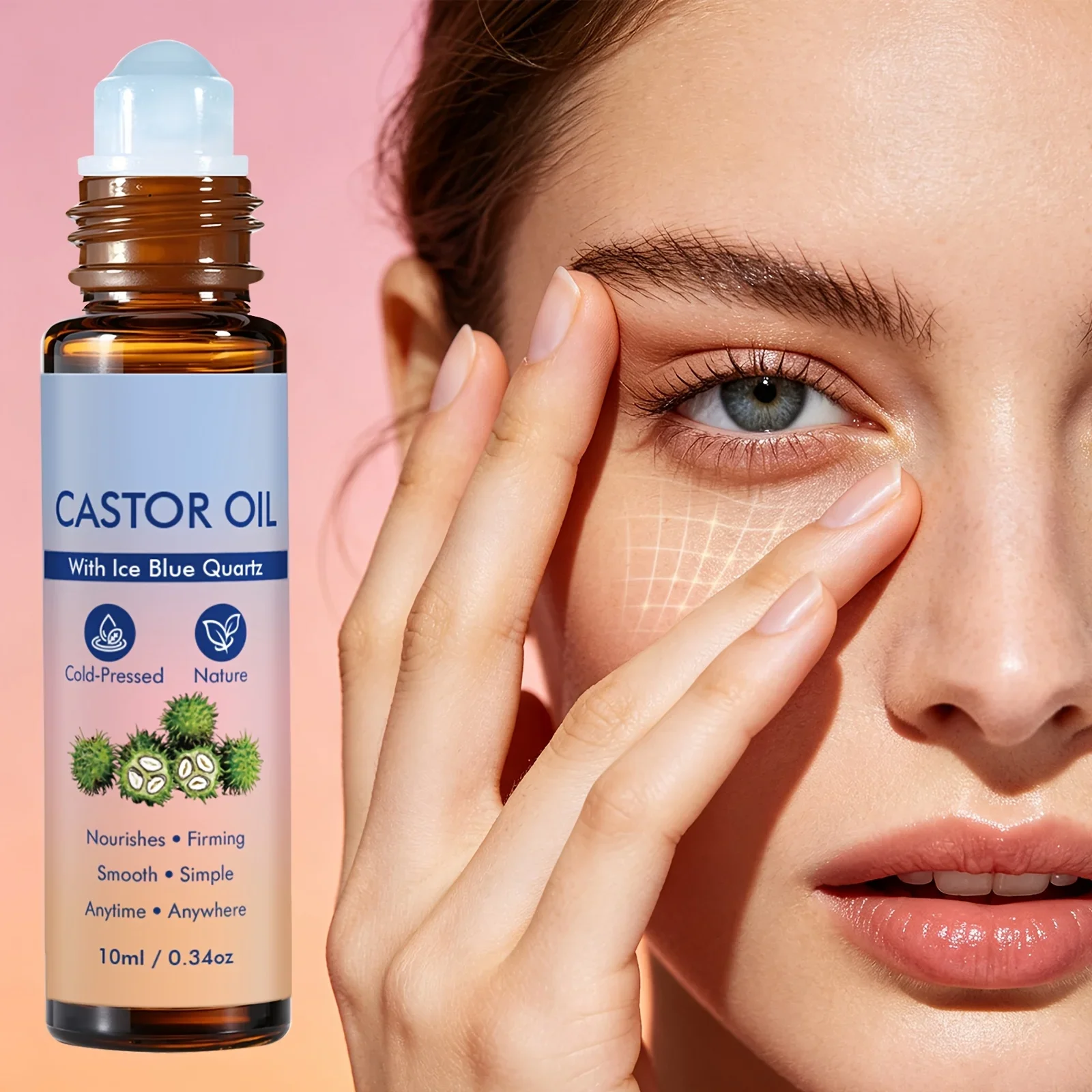 Quartz Ball Roll On Castor Oil Eye Face Massage Serum Organic Moisture Boost Smooth Fine Lines Nourish Skin Care 10ml