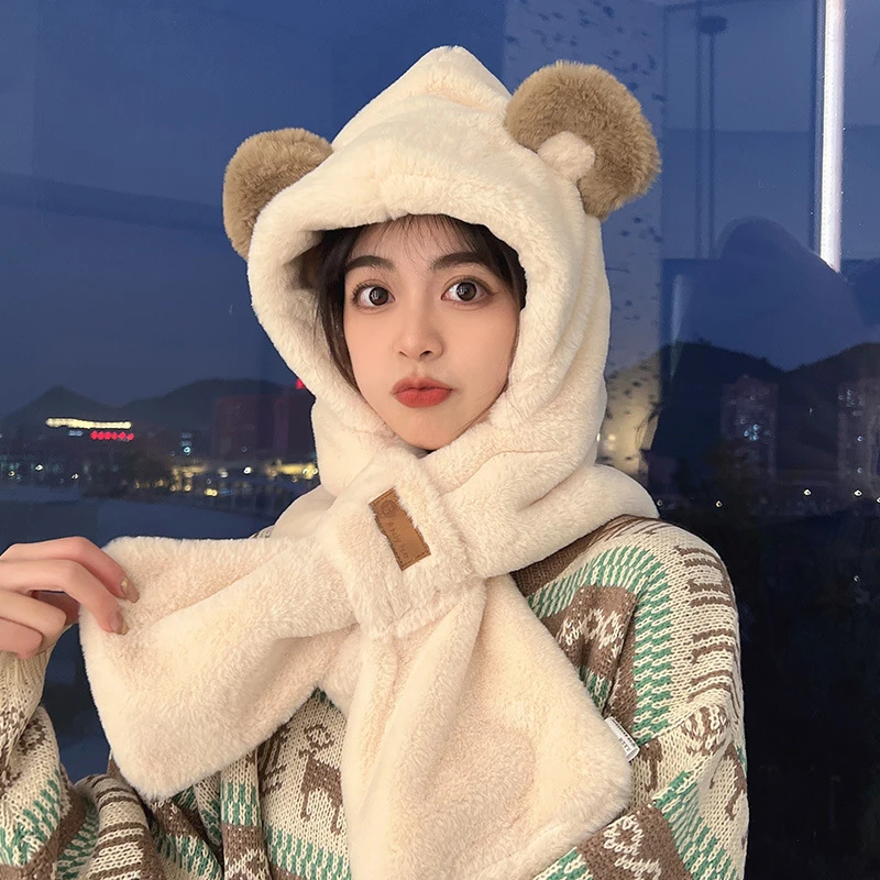 Cartoon Cute Bear Plush Thickened Hat Earmuffs Ladies Scarf Windproof Mask Students Autumn And Winter Warm Outdoor Cycling Scarf