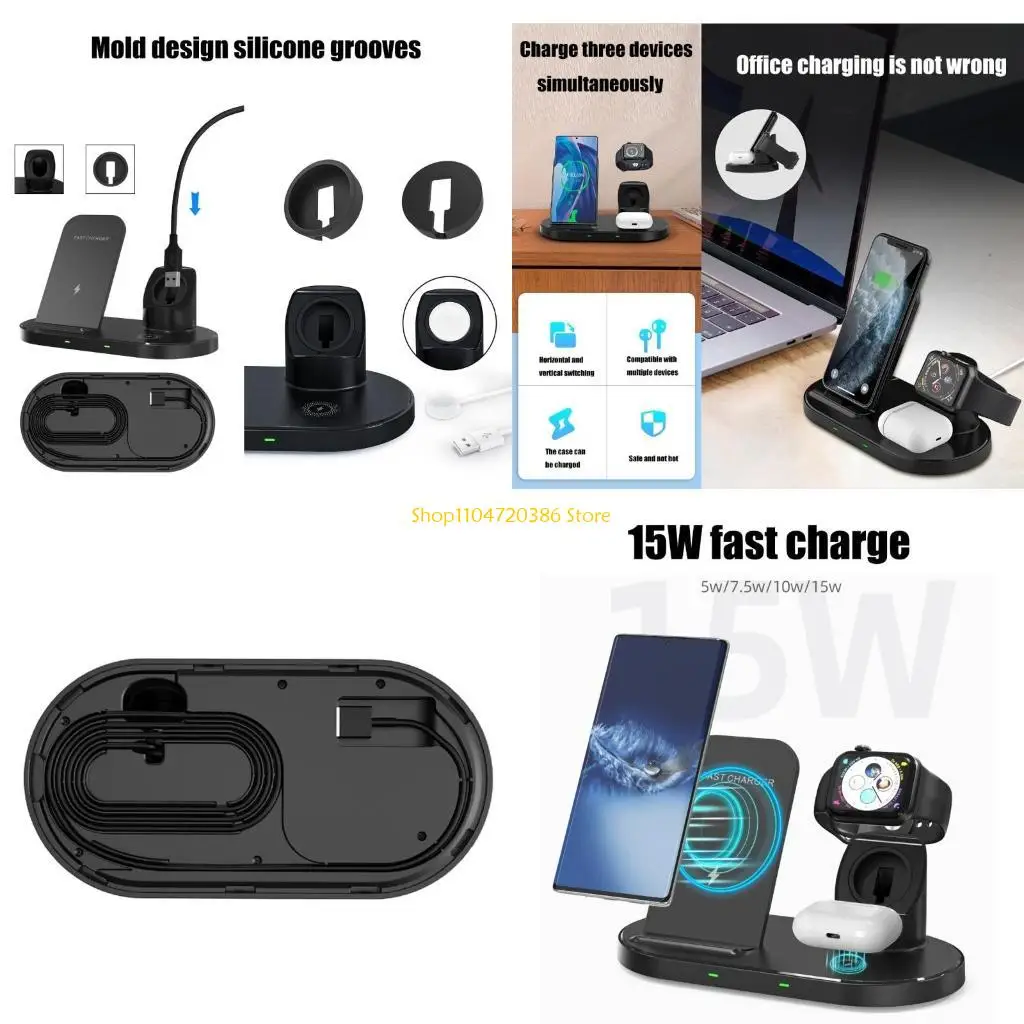 

K0EA Адаптер питания Беспроводное зарядное устройство Стойка для док-станции Кронштейн База 15 Вт 3 в 1 Смарт-часы Телефон для