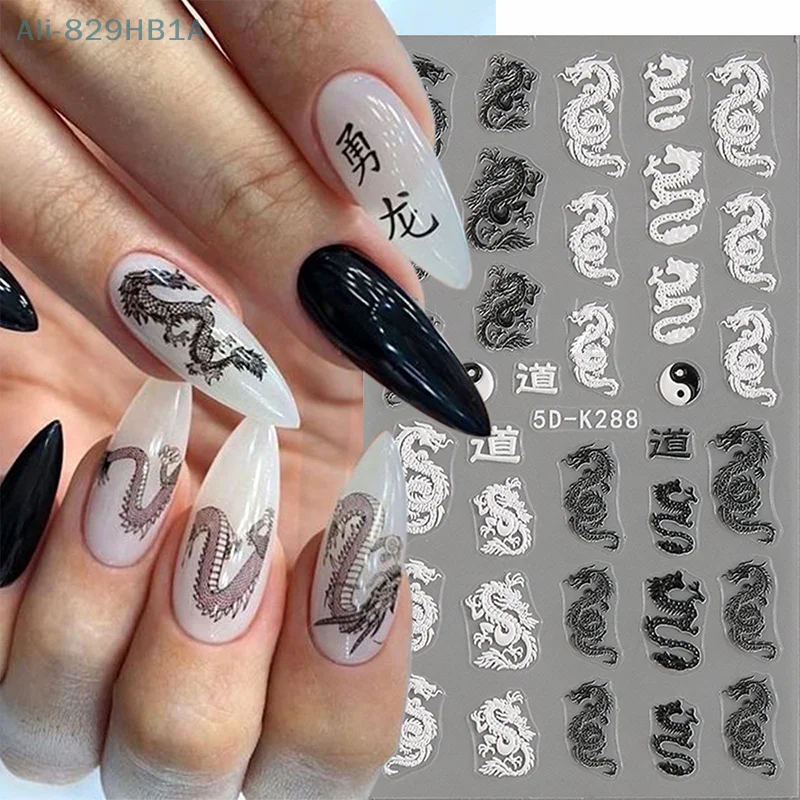 5D Dragon Nail Stickers Chinese Characters New Year Nail Decals Bamboo Leaf Sliders Snake Nail Charms Gothic Manicure Deco