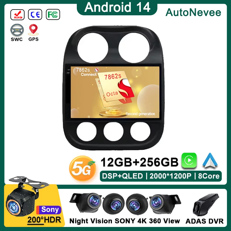 Android 14 Samochodowy odtwarzacz DVD dla Jeep Compass Patriot 2010-2016 Auto Radio Odtwarzacz multimedialny Stereo Jednostka główna Nawigacja GPS Bez 2din DVD