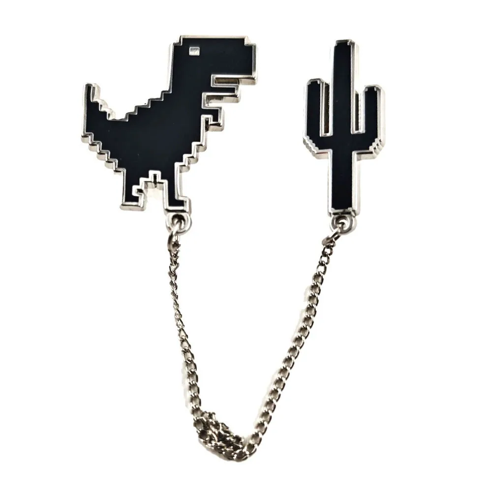 Dinosaur Cactus Enamel Pins with Chain Funny Chrome Offline Game Brooch Badges Lapel Pin Jewelry Gift for Gamer Frie