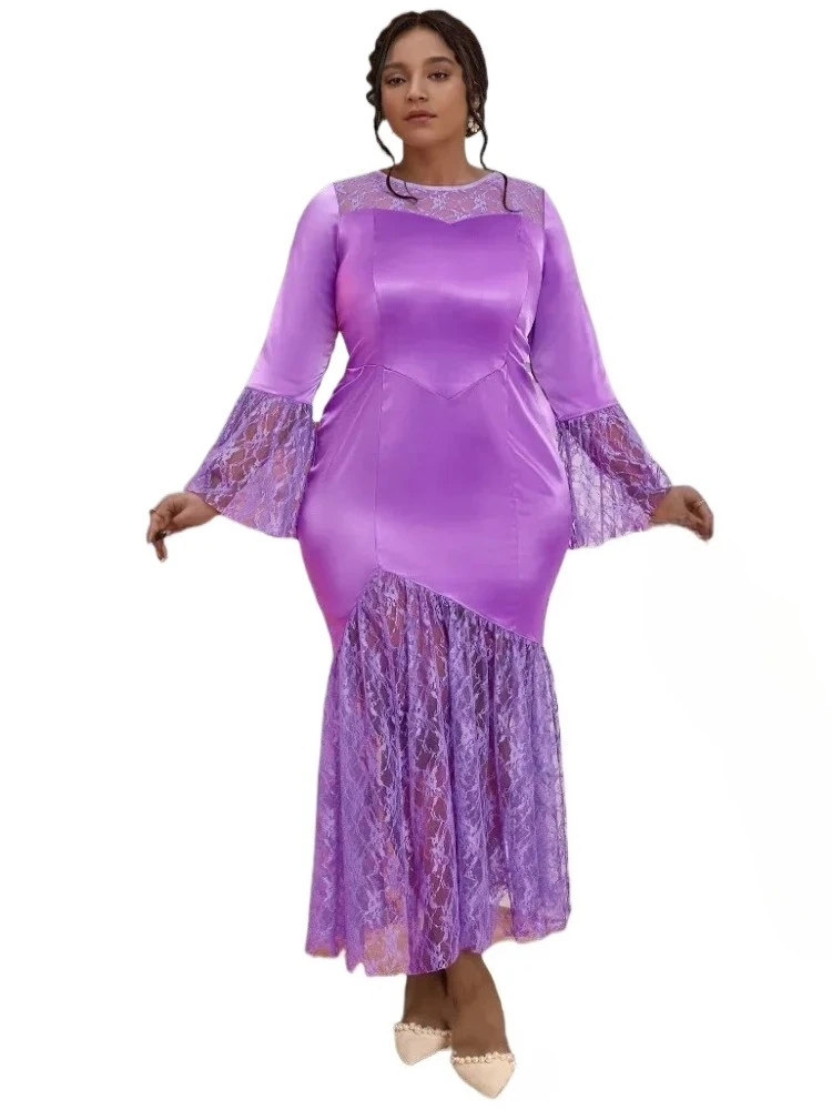 

Light Purple Lace Dresses for Women O Neck Long Flare Sleeve Package Hip Classy Bodycon Evening Birthday Wedding Guest Outfits