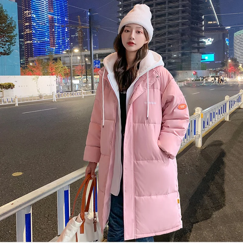 Thicken Bread Down Padded Jacket Women Outerwear Loose Hooded Warm Parka 2025 New Winter Long Down Cotton Jacket Female Overcoat