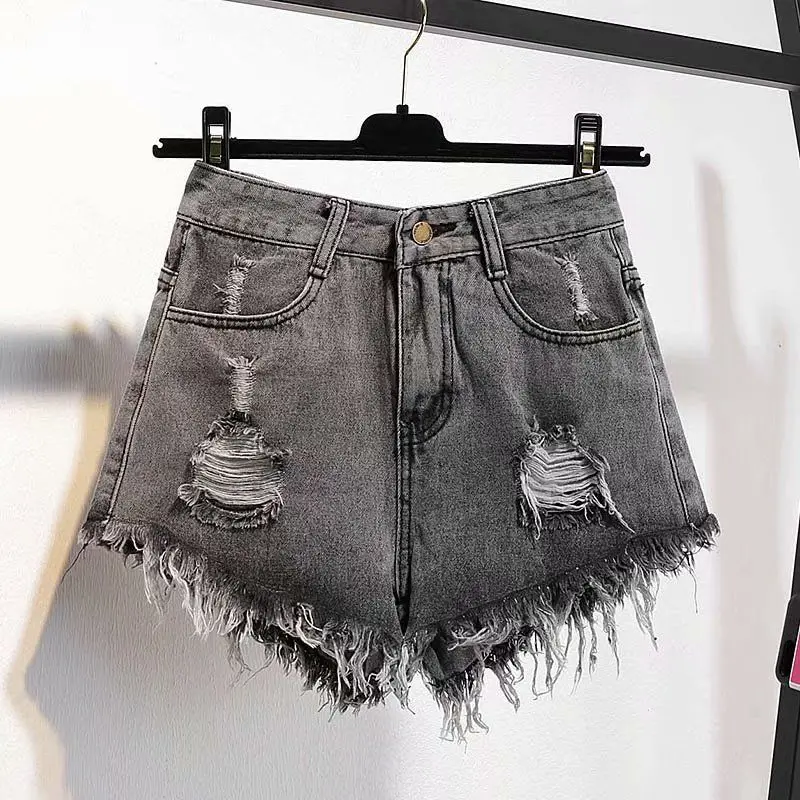 Large Size Denim With Ruffled Shorts Women\'s Summer High Waisted Loose Hole Wide Leg Student A-line Hot Pants Basic Short Jeans