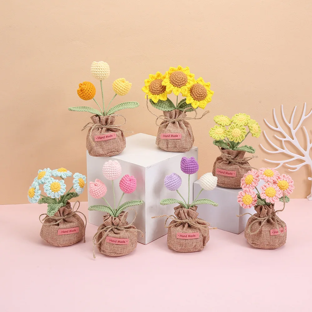 Handgewebter Blumentopf, Liebliche Gestrickte Blumen, Kreative Kunstpflanze im Topf, Dekoration für Schreibtisch und Bücherregal, Geschenk für Freunde – Detail 1