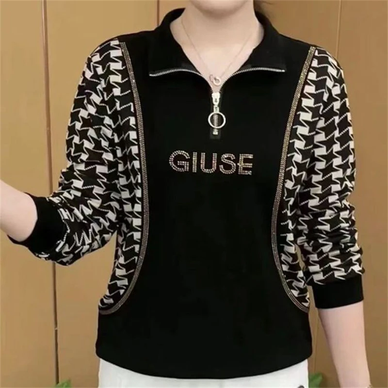 Donne di mezza età moda leopardo stampa scozzese Patchwork diamanti T Shirt donna Casual risvolto manica lunga mezza cerniera top larghi