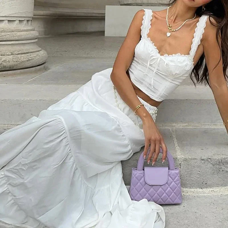 Seksowny komplet: koronkowa bluzka na ramiączkach z odkrytymi ramionami i długa spódnica, elegancki strój damski z wysokim stanem w stylu college, codzienny, bez rękawów, jednolity kolor, zestaw 2-częściowy.