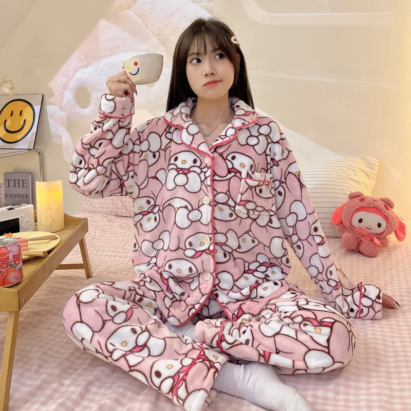 Sanrio Girl Flannel Cardigan Flip Collar Keep Warm Pajama Set Kawaii My Melody Comic Student Thickening Go Out Leisure Wear New