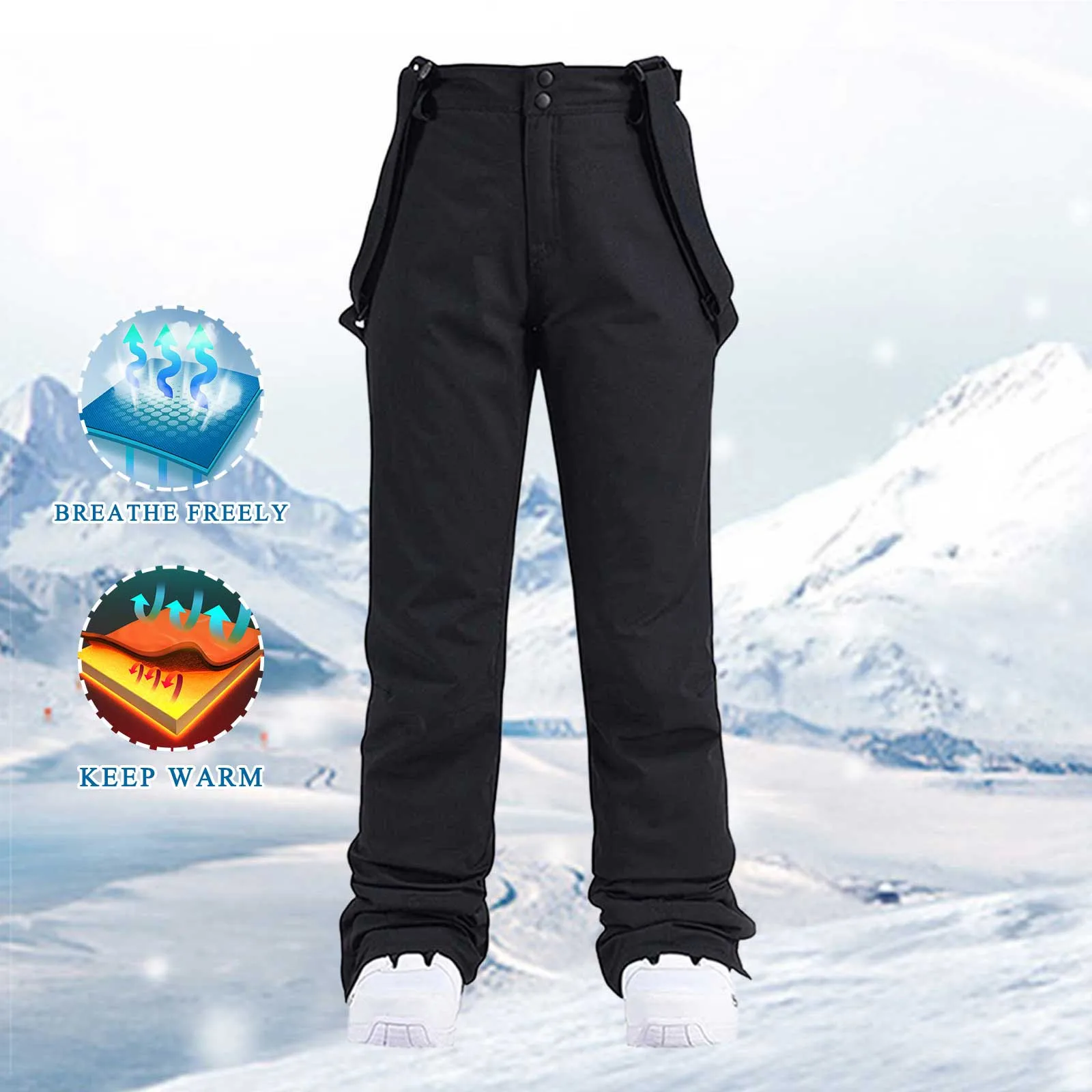 Women's Winter Skiing Suspenders Trousers Solid Color Snowboarding Snow Trousers Thickened Outdoor Warm Female Ski Pants