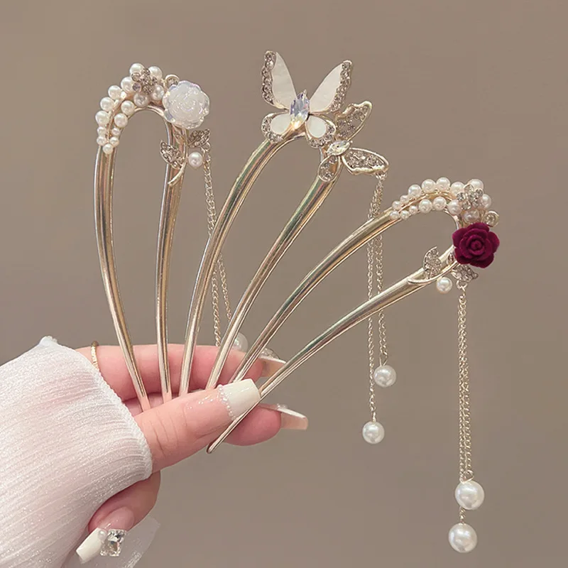 مشبك شعر رائع على شكل حرف U من اللؤلؤ للنساء، عصا شعر مجعدة ثابتة، مشبك شعر لحفلات أعياد الميلاد