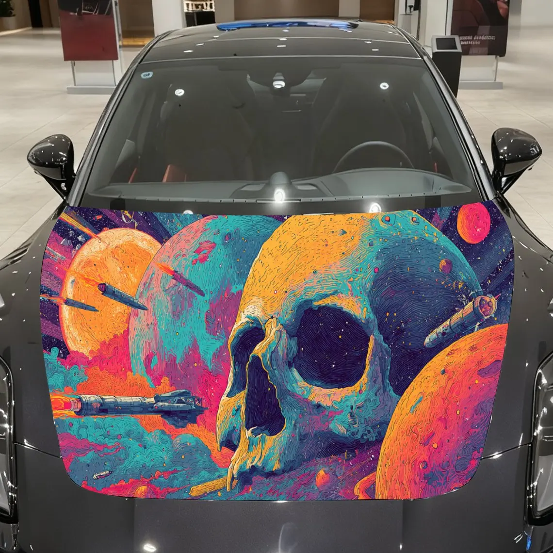 Cosmic Skull and Rocket Car Hood Wrap, Vibrant Space - Themed Car Hood Vinyl, Auto Cover Sticker, Waterproof and Self-adhesive C