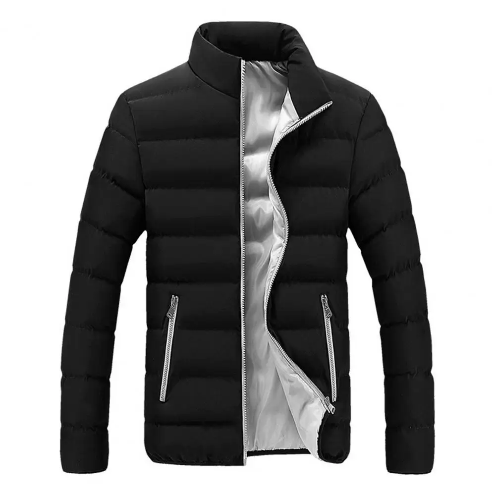 Solid Color Stand Collar Puffer Jacket Zipper Pockets Thickened Warm Cold Resistant Male Windbreaker Windproof Winter Men Parkas