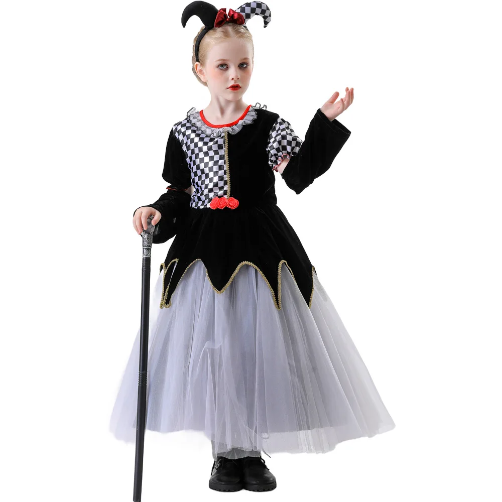 halloween-children's-poker-queen-black-and-white-plaid-dress-clown-costume-princess-dresses-cosplay-clown-monster-fancy-dress