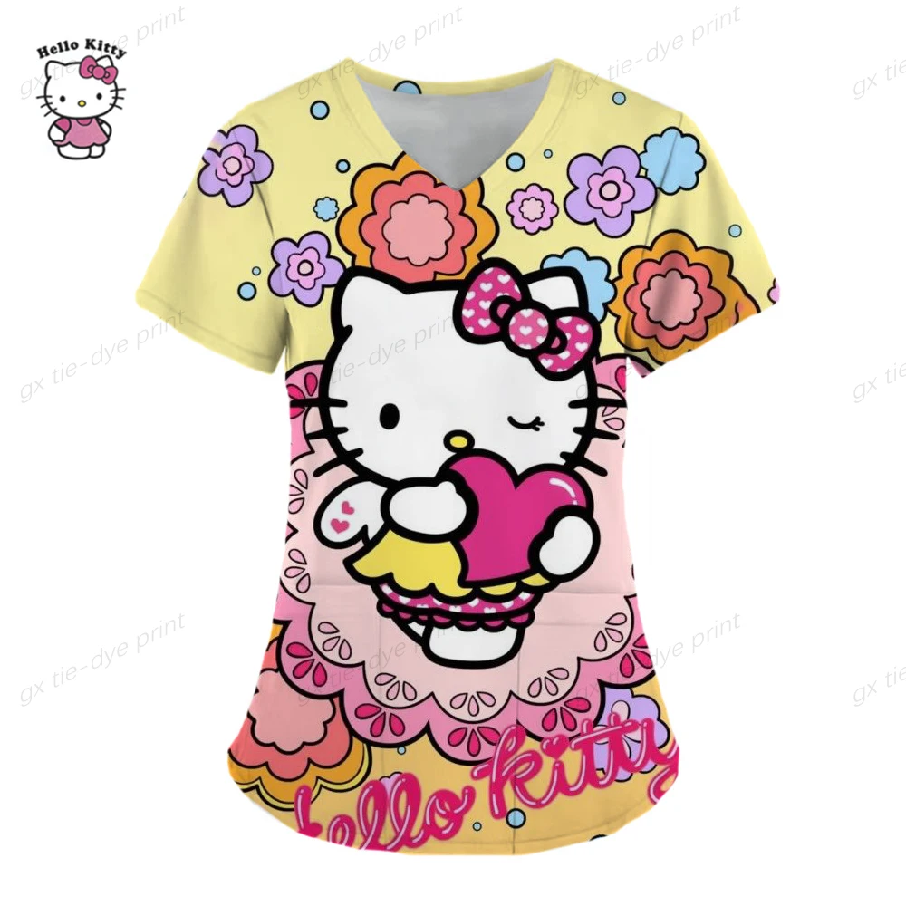 Kawaii Nurse Uniform Scrubs Hello Kitty Tops Womens Cartoon Print Short Sleeve Pocket Overalls Uniforms Medical Nursing Blouse