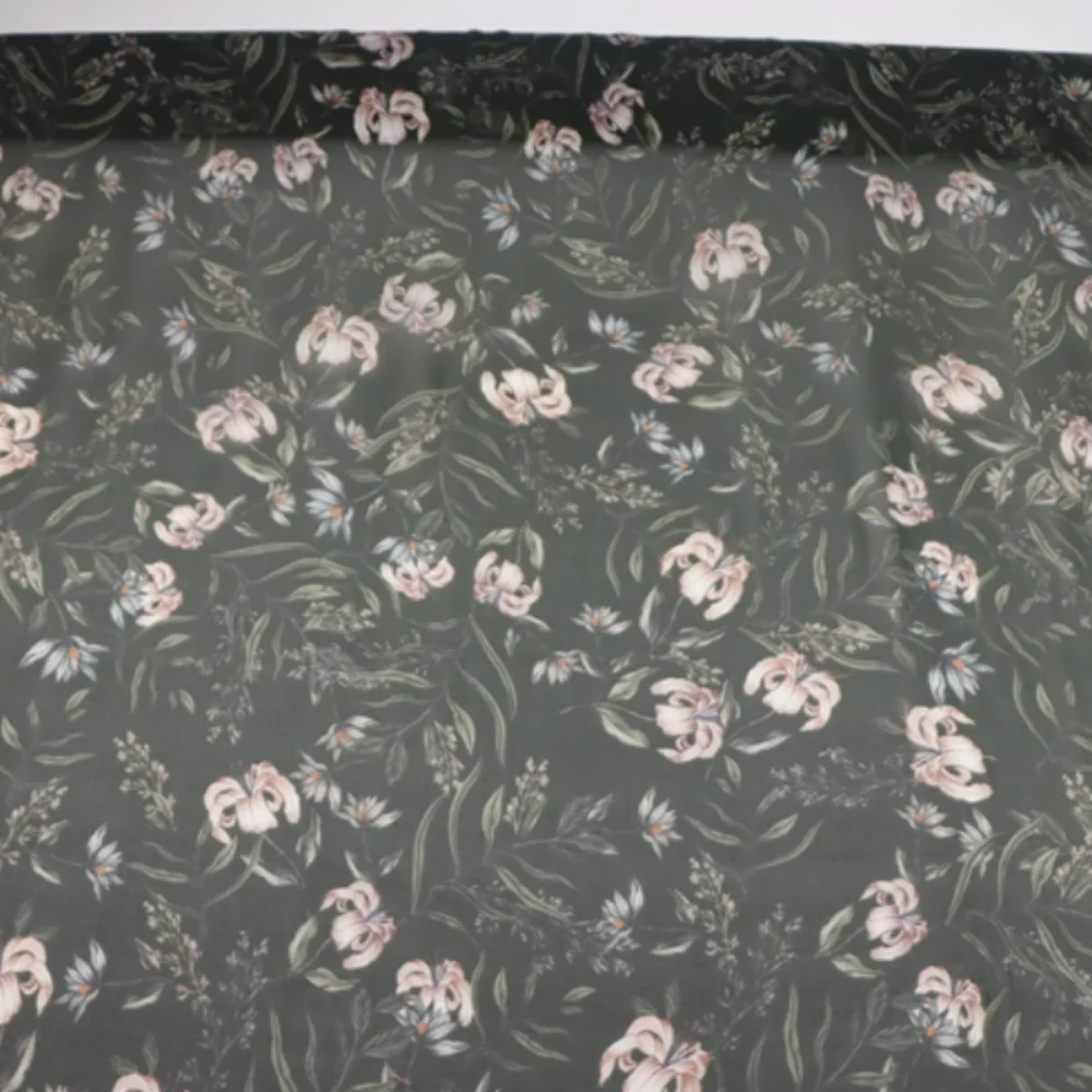 مسود الأخضر الوردي زهرة الزنبق المطبوعة لينة 100% نسيج الشيفون الحريري للفتيات النساء رحلة تنفس الملابس فستان وشاح