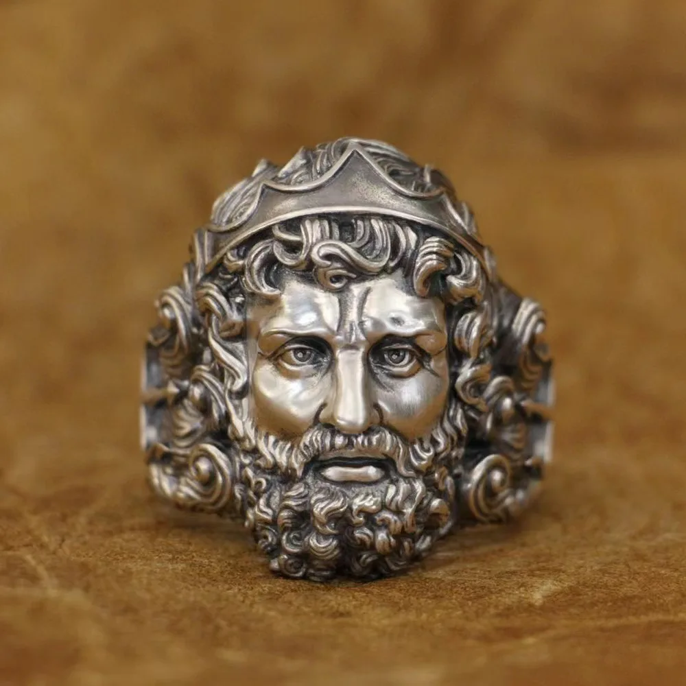 Europe and America Retro Silver Color Fine Carve Sea King Poseidon Ring Man Mysterious and Domineering Fashion Jewelry Ring