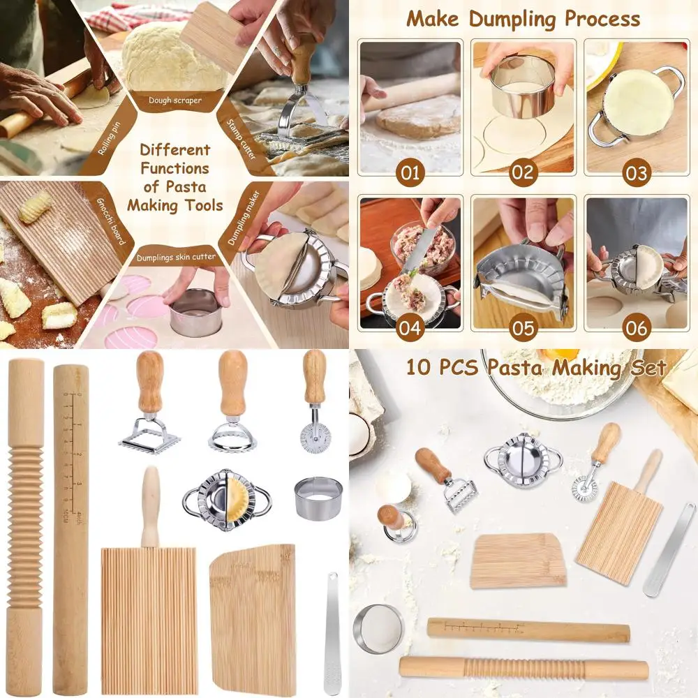 

Wooden Ravioli Pasta Set: 10-Piece Kit with 5 Cutters, 2 Pins, Gnocchi Board, Scraper, Spoon for Homemade Kitchen Baking