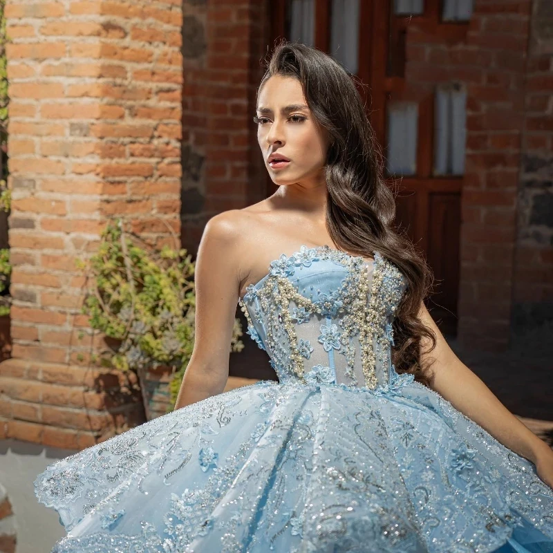 Sky Blue Sweetheart Quinceanera Dress Off Shoulder Princess Prom Ball Gown Sweet 16 XV Years Old Beads Lace Birthday Pageant