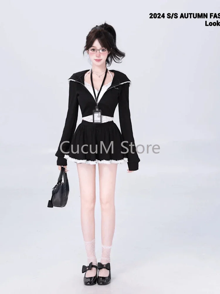 Japanese Style Sweet Lace Patchwork Suit Hooded Casual Y2k Crop Tops Zipper Sports Jacket E- Girls Slim Mini Skirt Woman Chic