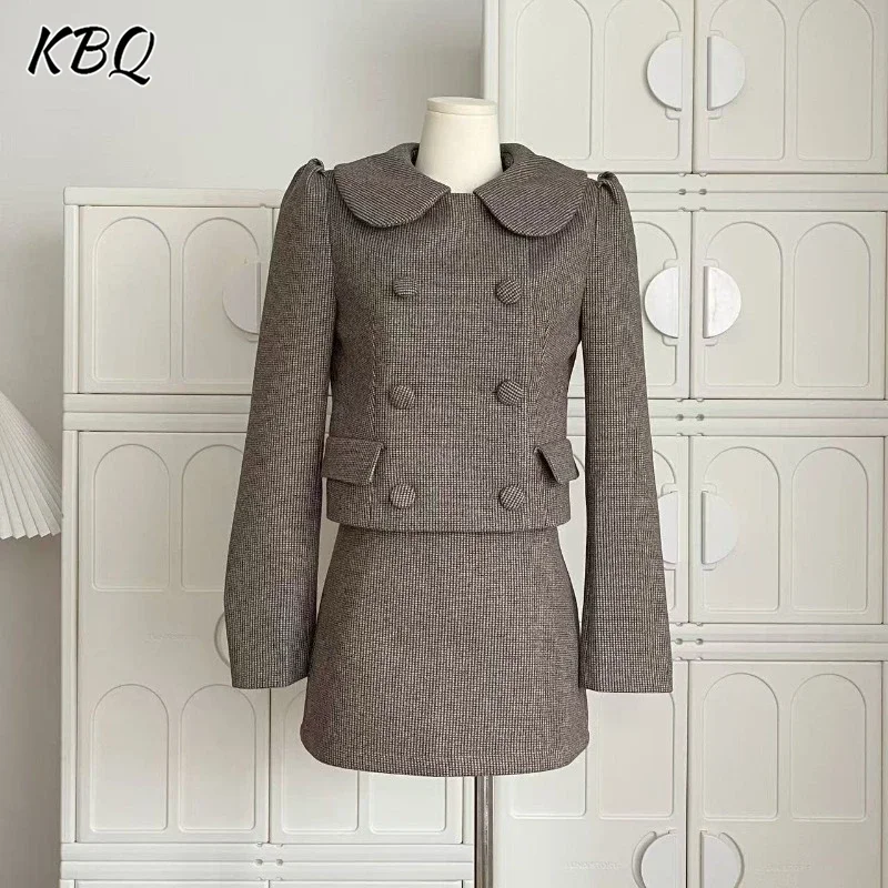 KBQ Solid Warm Two Piece Set For Women Lapel Long Sleeve Spliced Button Tops High Waist A Line Skirt Minimalist Female Fashion