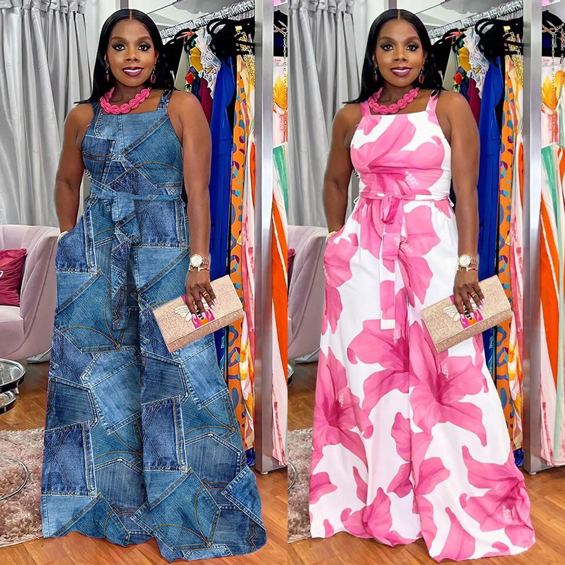 

Ele Printed Vest Csole Jumpsuit Wide Leg Pants Women's Faion Set Winter Collection Long Pants No Sve Summer Outfit