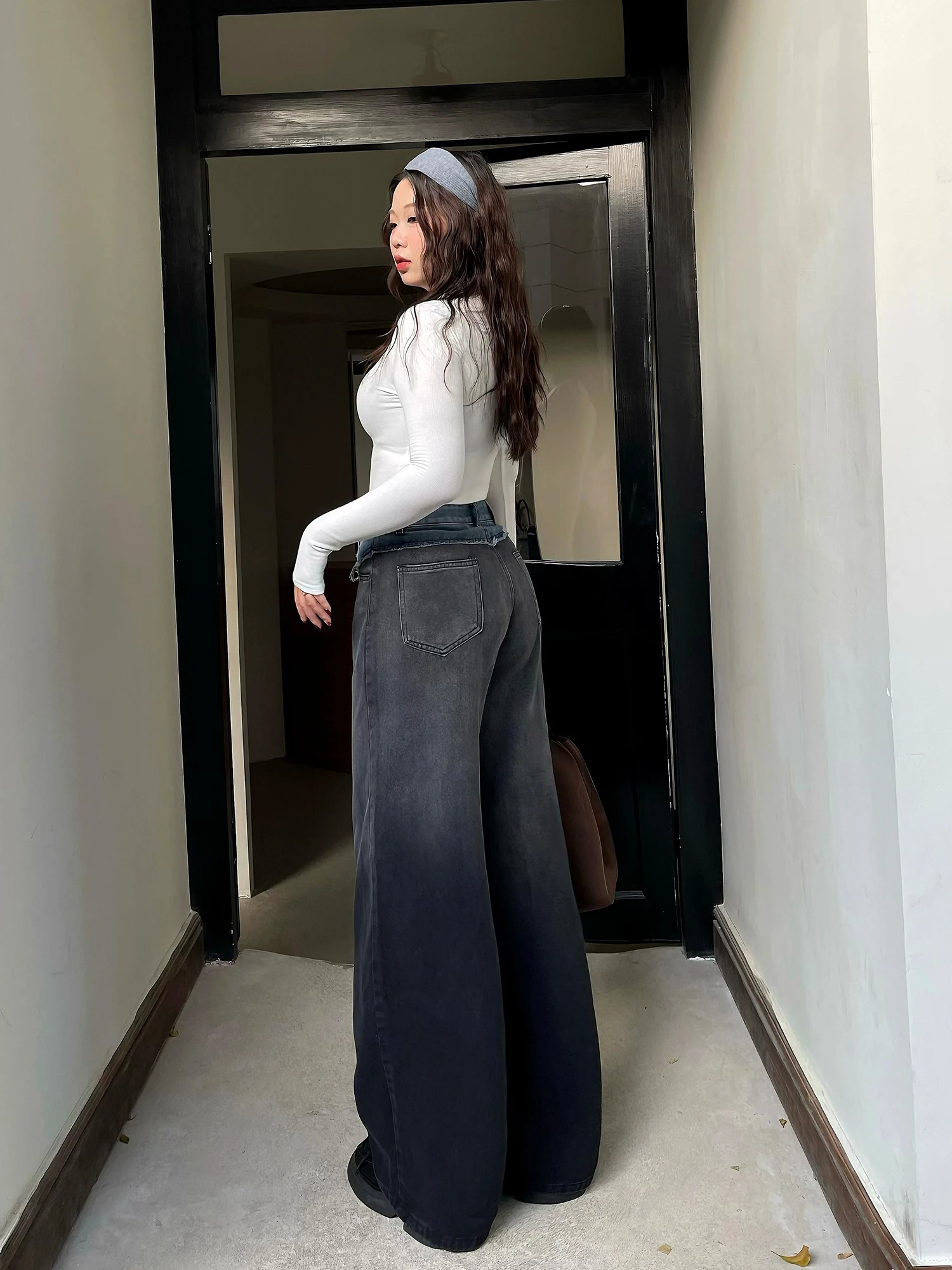 

Джинсы с высокой талией и прямыми штанинами для женщин больших размеров, широкие брюки в американском ретро-стиле, повседневные длинные джинсы