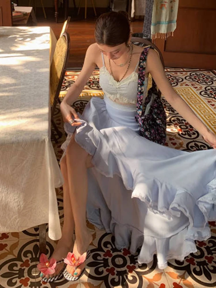 Irregular Summer Women Trumpet Skirts Sexy Split Beach Holiday Casual Blue Long Skirt High Waist Korean Blue Ladies Skirt New