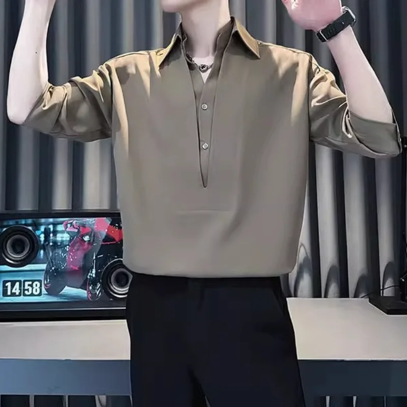 

Летние пуловеры с коротким рукавом, мужские модные однотонные свободные повседневные рубашки, тонкие дышащие топы с лацканами, уличная одежда для социальных вечеринок