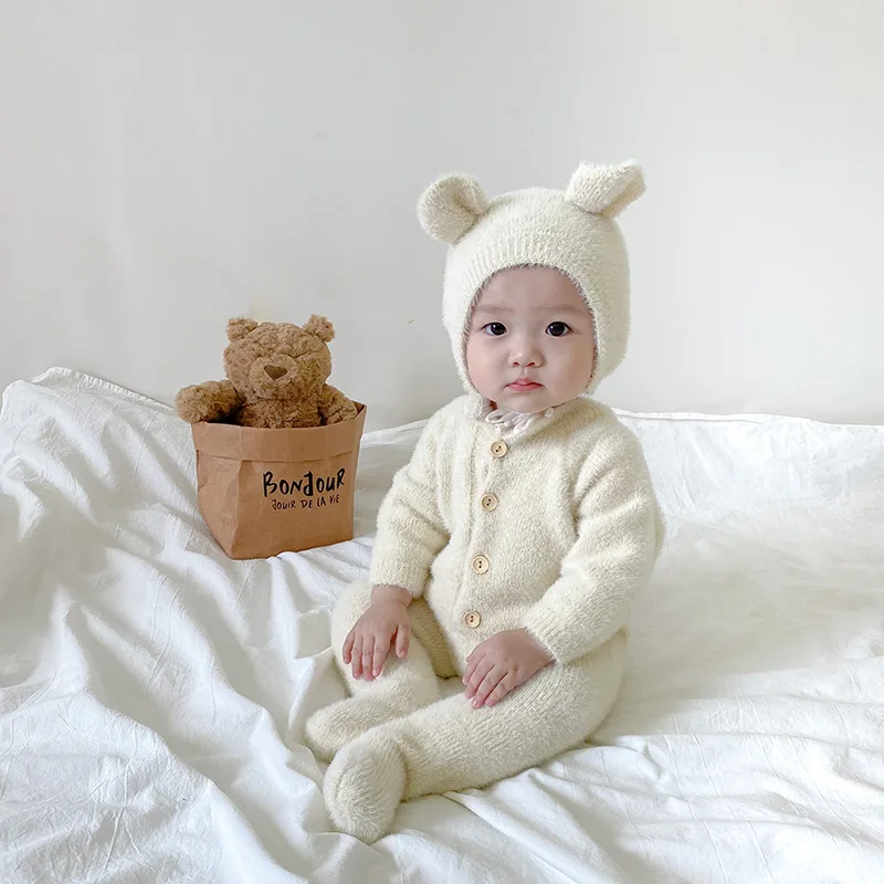 2024 Winter New Baby Long Sleeve Fleece Romper Solid Newborn Clothes Cotton Infant Boy Girl Thick Warm Jumpsuit + Cute Bear Hat