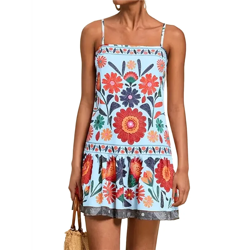 【SEE】Vestito da donna floreale Boho Flowy Mini Cami- Abito con volant e cinturino per spaghetti Abiti da vacanza