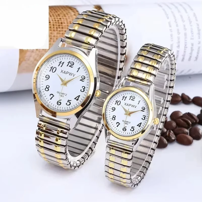 1PCs Classic Vintage Business Women Men Elastic Gold Sliver Quartz Watch Tide Lovers Couple Bracelet Watches Party Office Gifts