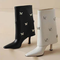 FHC 2024 New Mid Calf Trousers Boots,Women's High Heels Botas Winter Shoes,Pointed Toe,Metal Bowtie,Europea Black,White,Dropship