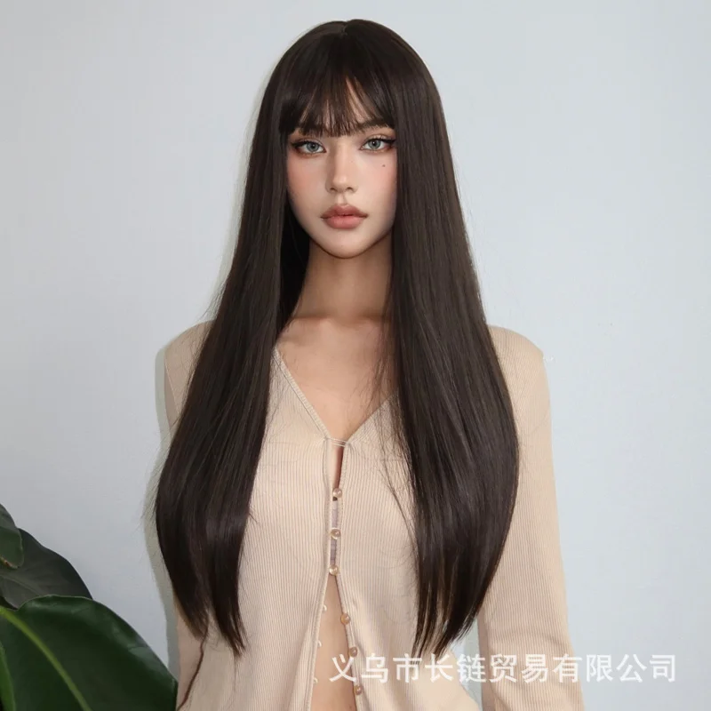 

Длинный прямой черный парик Royal Lady с челкой, цельный, в корейском стиле, для женщин.