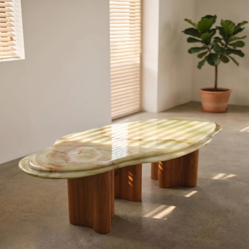 

Natural blue jade coffee table modern simple special-shaped double-layer design solid wood table legs light luxury