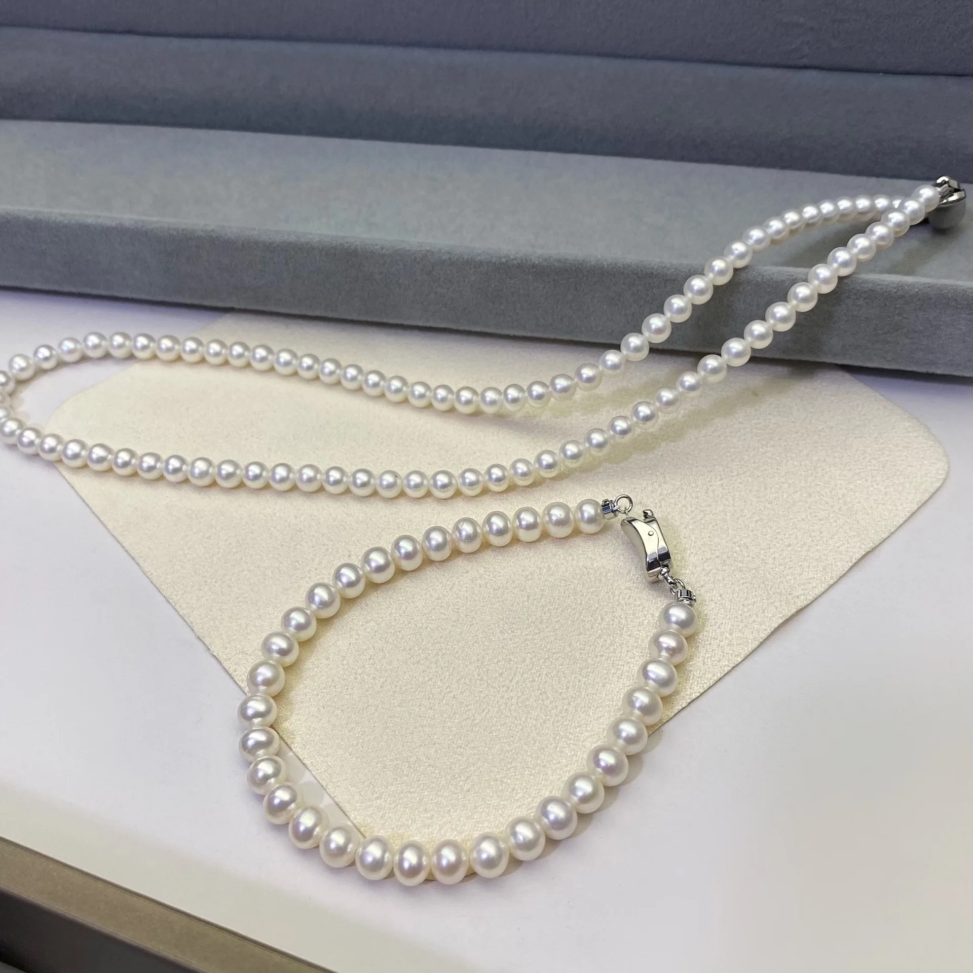 

Classic necklace AAAA5-6mm natural Japanese white pearl necklace 18in+bracelet 7.5-8in set 925s