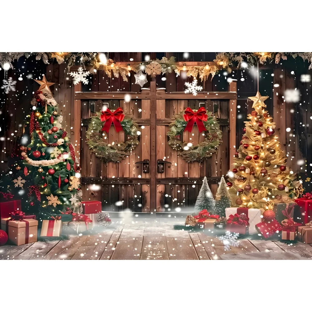 Merry Christmas Backdrop Xmas Tree Fireplace Gift Winter Window Santa Claus Wood Door Kids Portrait Photography Background Decor