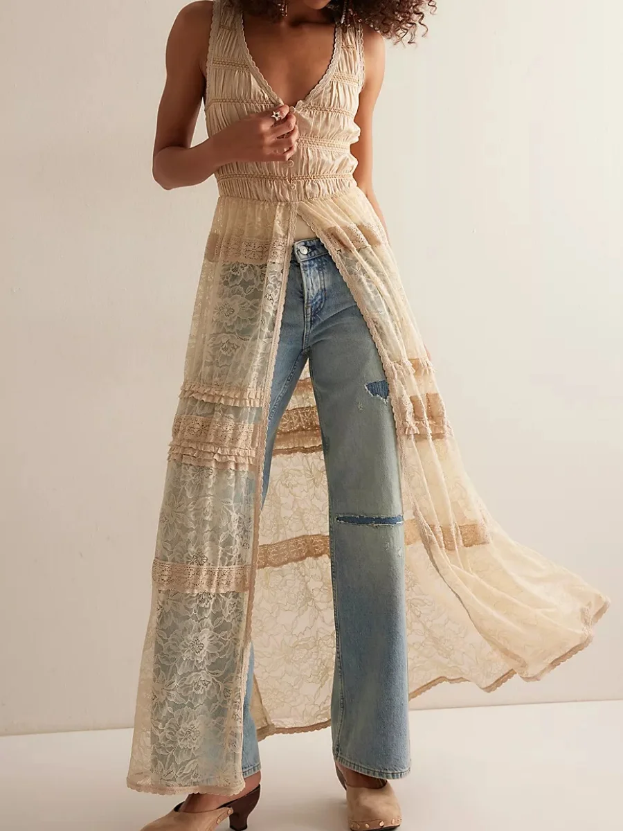 Womens French Style Lace Patchwork Bodysuit Dress Ruched Sleeveless V Nech Split Hem Sheer Mesh Long Dresses  Summer