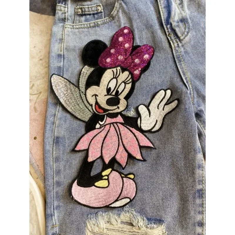 ديزني عالية الجودة الكرتون ميني الشريط مسمار حبة حفرة ضوء الملونة الدنيم السراويل للنساء فضفاضة مستقيم الساق طول الركبة السراويل #3