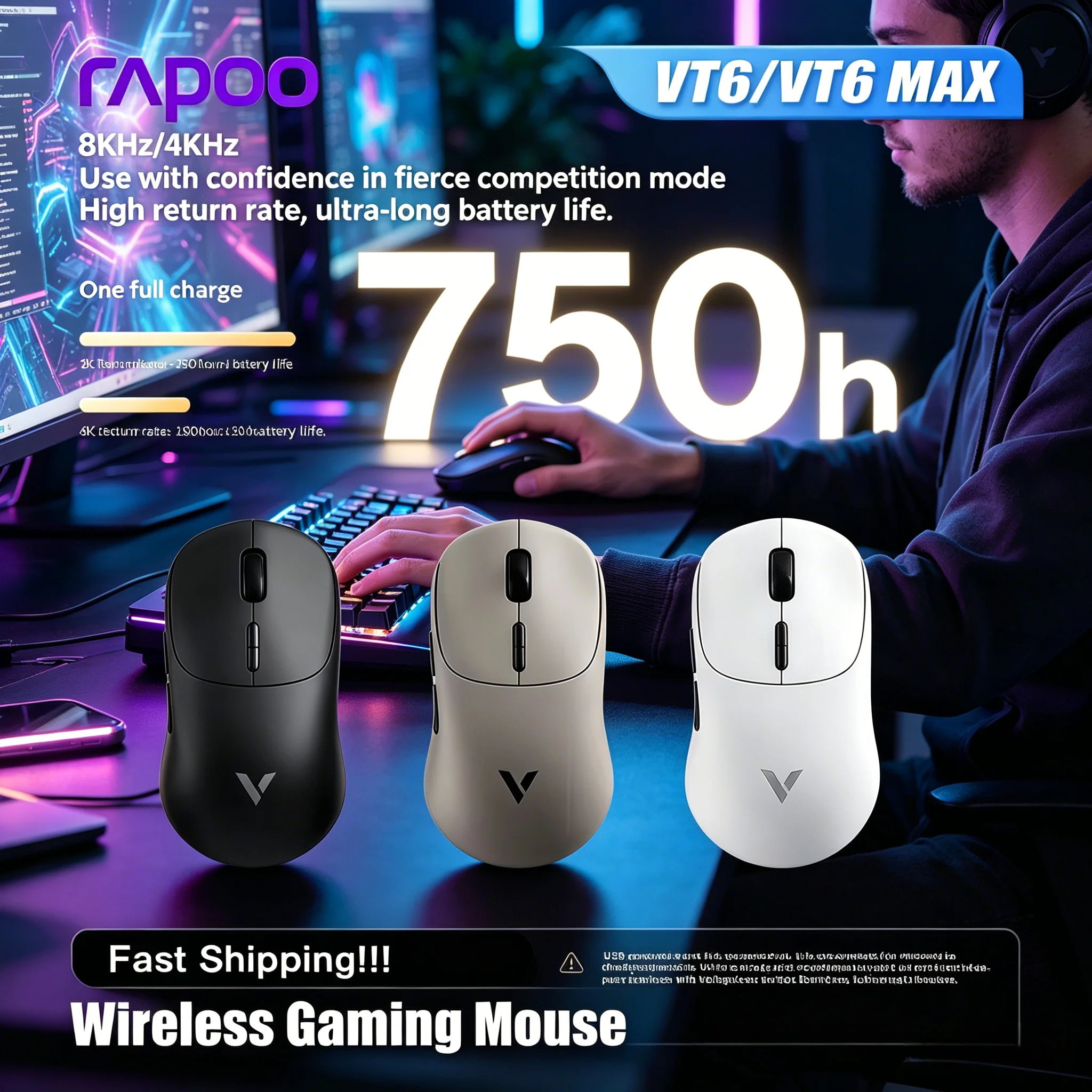 

Rapoo VT6 MAX PAW3950 Gaming Mouse Wireless E-sports 8000Hz Polling Rate Lightweight For Small Medium Hands