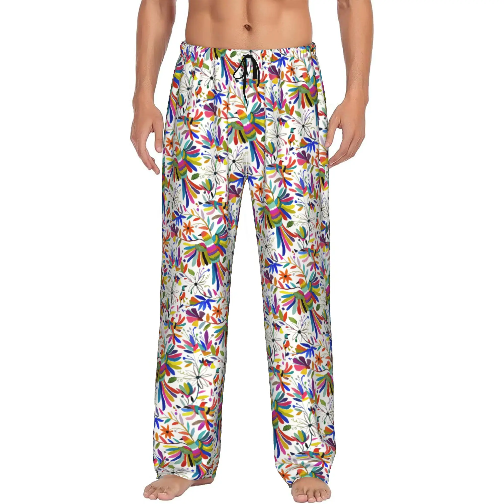 Custom Mexican Otomi Bird Pajama Pants Men's Animal Embroidery Sleepwear Lounge Sleep Bottoms Stretch with Pockets