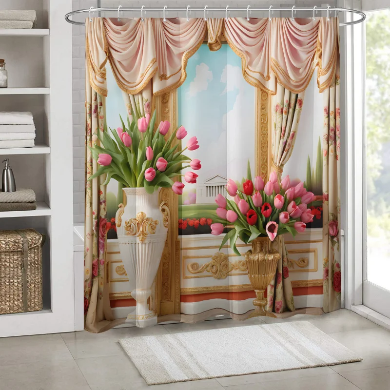 Chic Beige Retro Floral Shower Curtain with Vase & Tulip Design - Waterproof Polyester, Includes Hooks, Machine Washable - Perfe