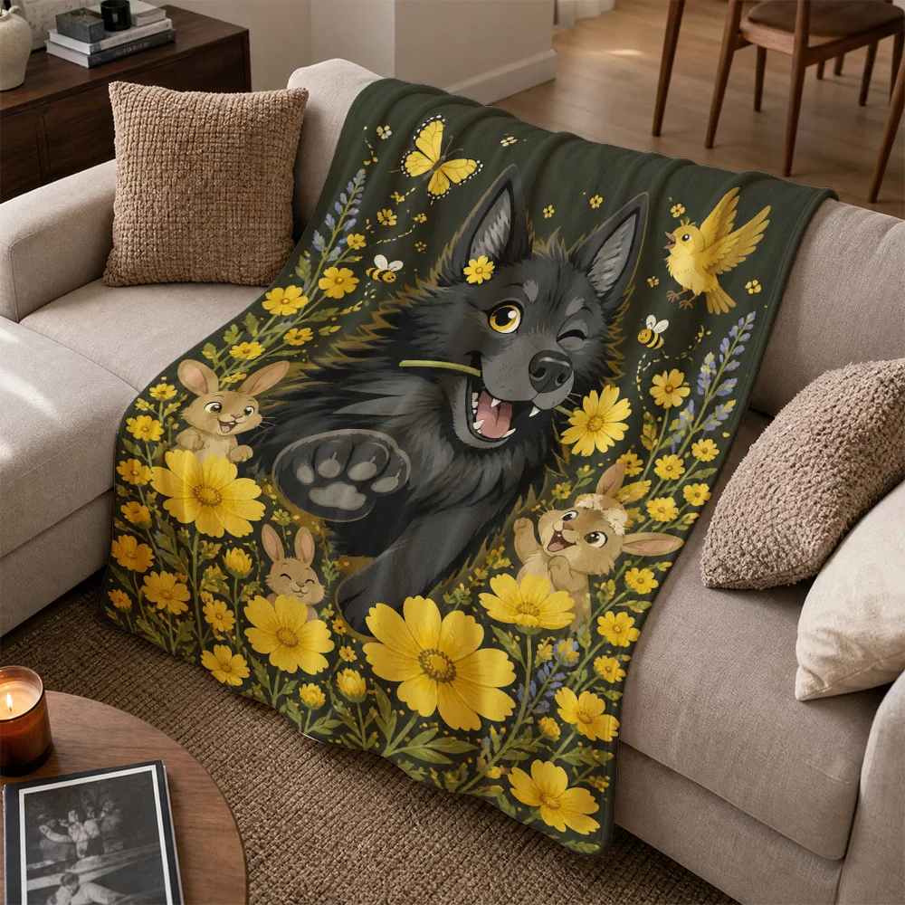 Aesthetic Wolf Dog Floral Print Throw Blanket Yellow Sunflower Puppy Pattern Cozy Throw for Sofa Couch Bed Decor Gift