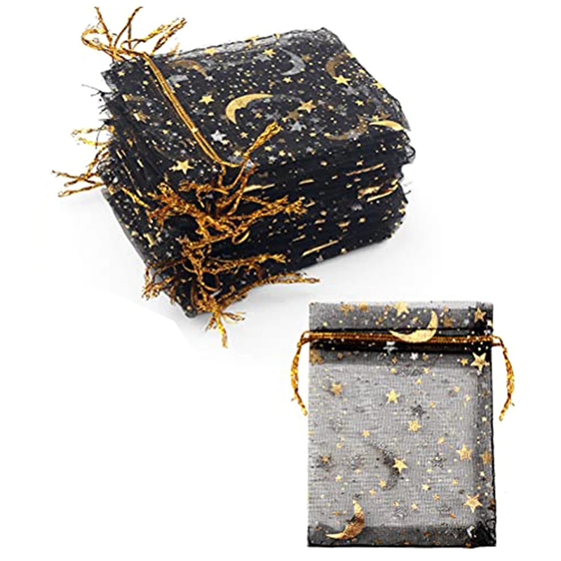 100 Pieces Moon Star Organza Jewelry Candy Bags, 2.7X3.5 Inch Sheer Organza Favor Bags Gift Pouch with Color:Black-ABAM