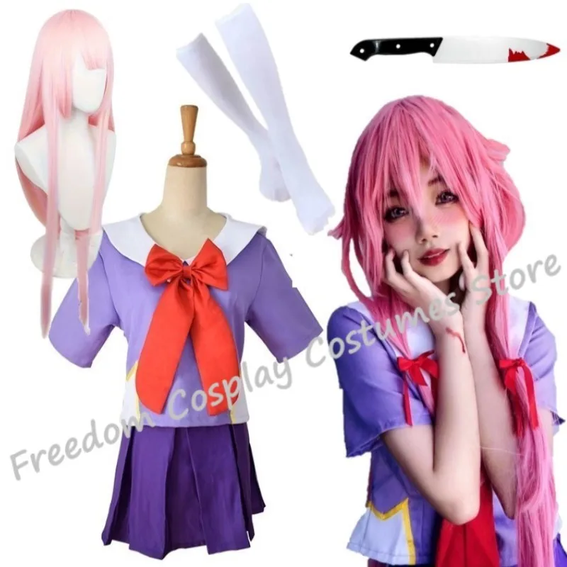 

Future Diary Gasai Yuno Mirai Nikki School Uniform Cosplay Costume JK Sailor Cosplay Costume Loli Bow Short Skirt Wig Halloween