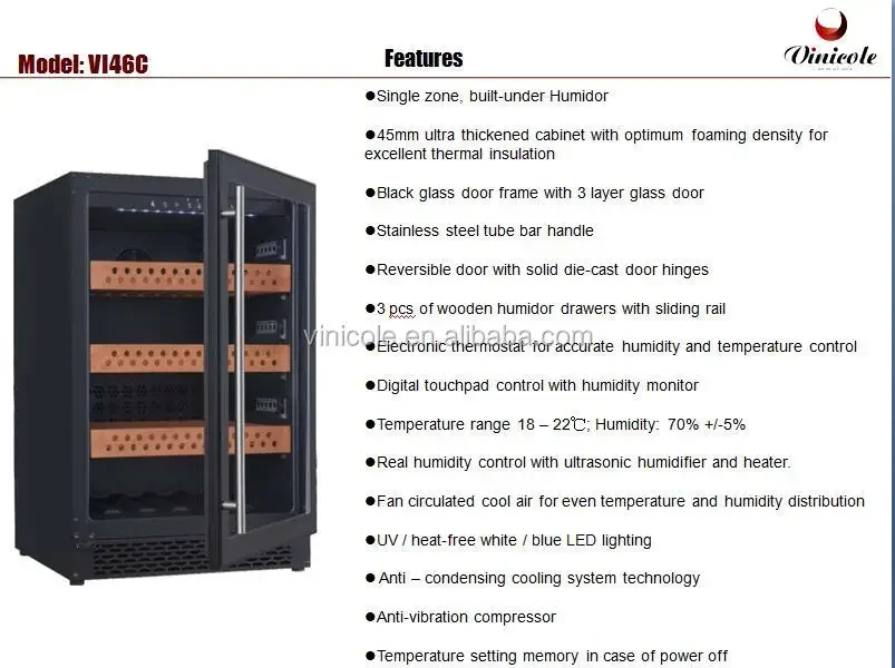 คอมเพรสเซอร์สแตนเลสประตูกระจกซิการ์คูลเลอร์ Humidor