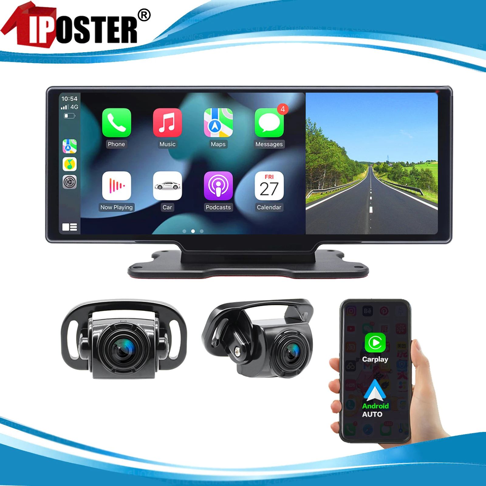 iPoster 10.26 Inch Dash Cam Rear view Mirror Monitor Wireless Carplay Android Auto DVR GPS Navigation For Truck RV