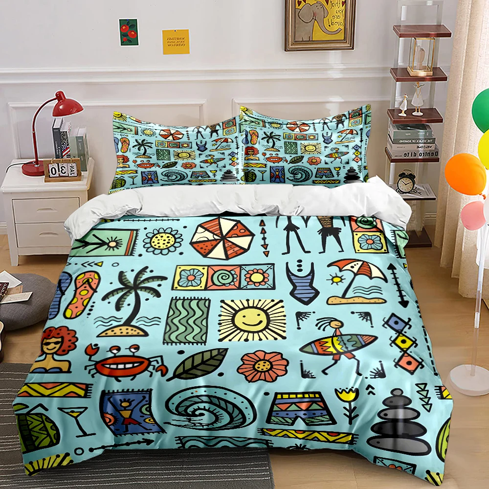 Summer beach hand-drawn patterns Print Soft Comfortable Duvet Cover Bedding Set Included 1*Duvet Cover  2*Pillowcases