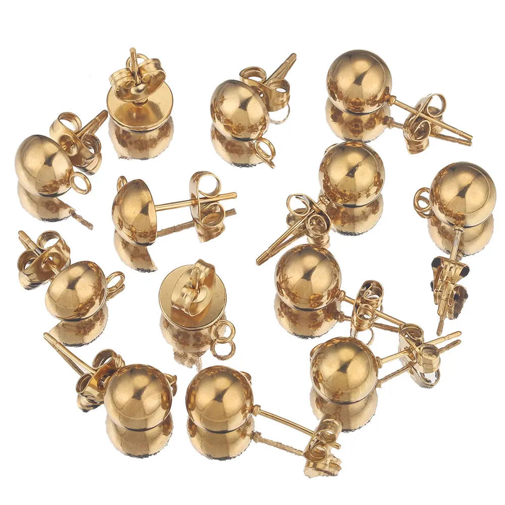 10pcs/lot Gold Stainless Steel Round Half Ball Earring Making Supplies Earrings Base Posts Components Parts Materials Wholesale